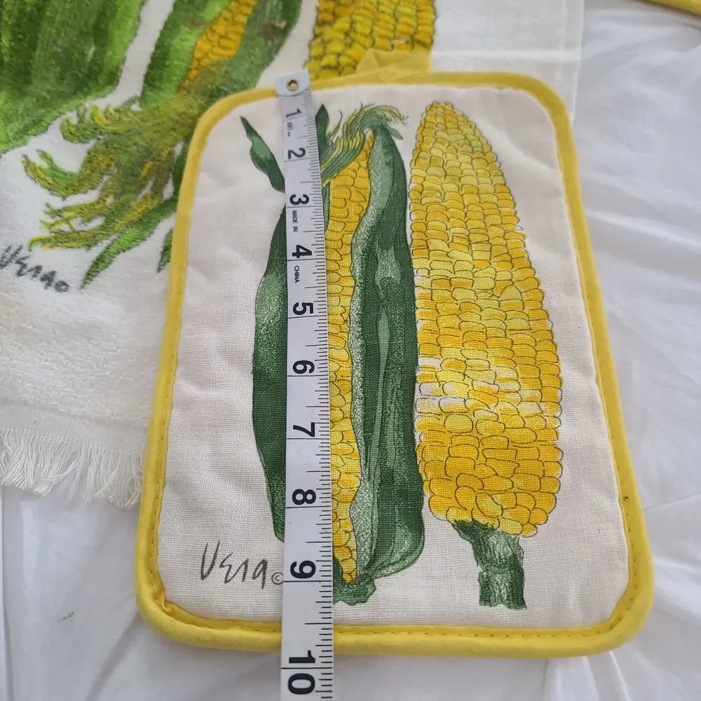 Vera Neumann VTG 1970s Corn 3pc Set Dish Towel Pot Holders MCM Art Kitsch Retro